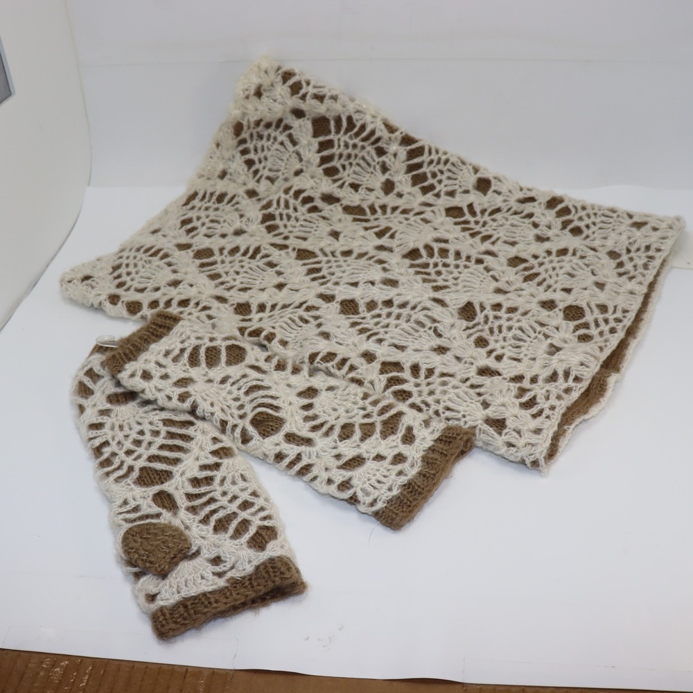 Icing Scarf & Arm Warmers OS Brown/Cream Womens Crochet Knit Winter Set